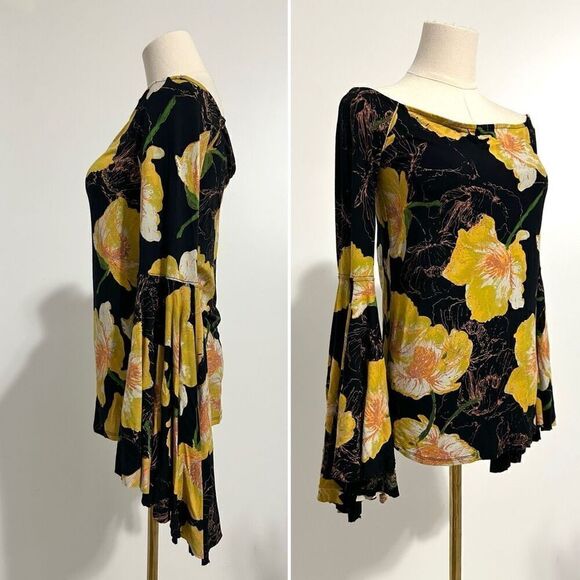 Free People Floral Birds of Paradise Off-shoulder Top M Bell Slv Boho Festival - Picture 5 of 13